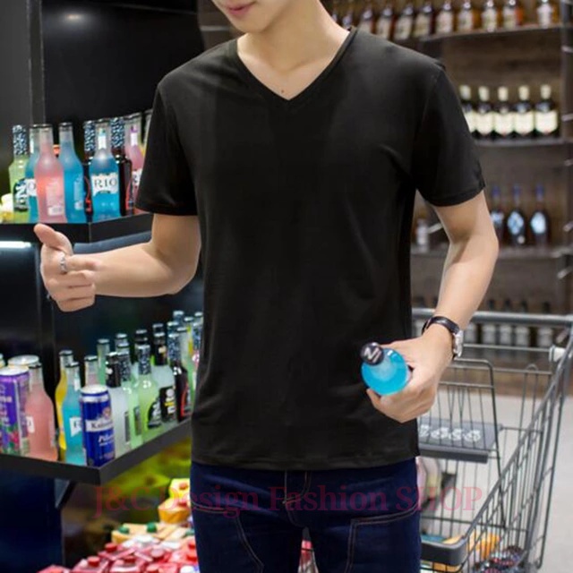 เสื้อผู้ชายคลาสสิกแขนสั้น ใส่แล้วท็อปส์เพียวสีขาวดำ คอVคอยืดหยุ่นผ้าฝ้ายไลคร่าเสื้อยืดเสื้อกล้าม เสื้อยืดเกาหลีคอวีชาย