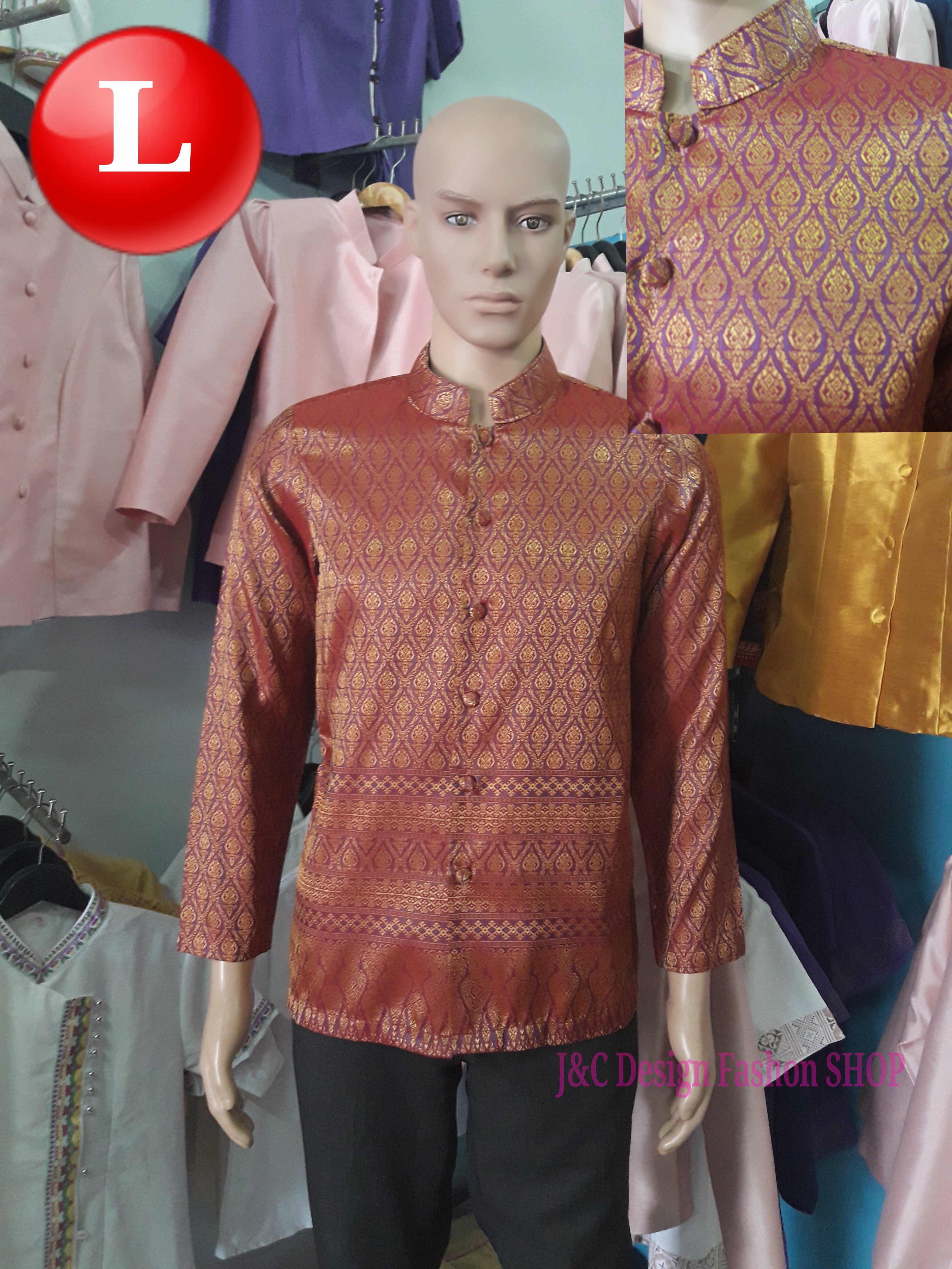 เสื้อคอพระราชทานชายไหมแพรทิพย์ เสื้อชายไหมแพรทิพย์คอพระราชทานสีเลือดนก สูทผ้าไทยชายสีเลือดนก เสื้อผ้าไทยสีเลือดนก