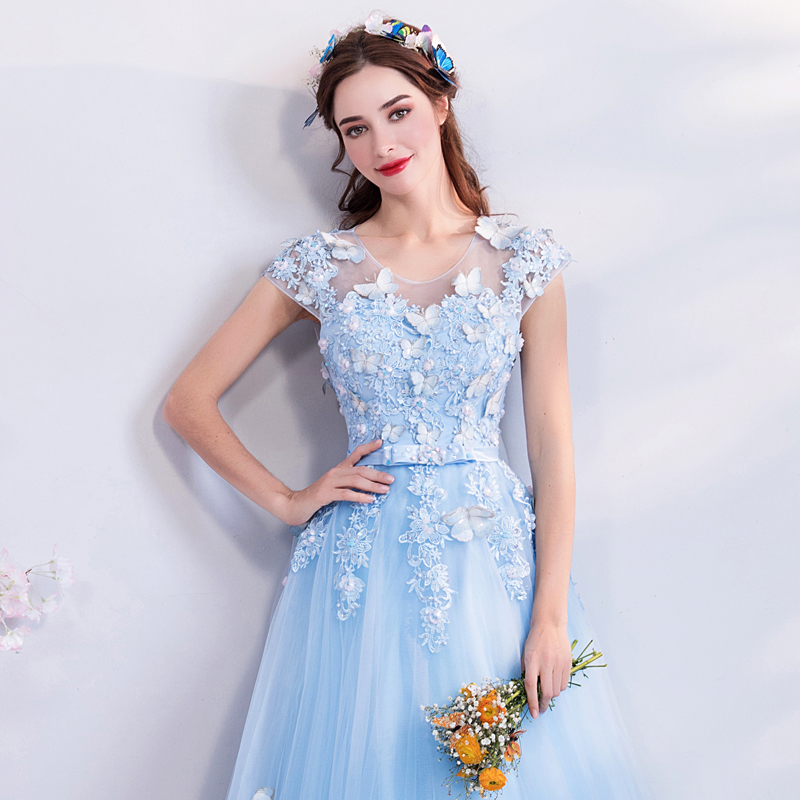DL111 - **พร้อมส่ง** ชุดราตรี เดรสยาวออกงาน (Night party dresses) ชุดไปงานแต่งงานสวยๆ "ธีมสีฟ้าแต่งดอก 3D"