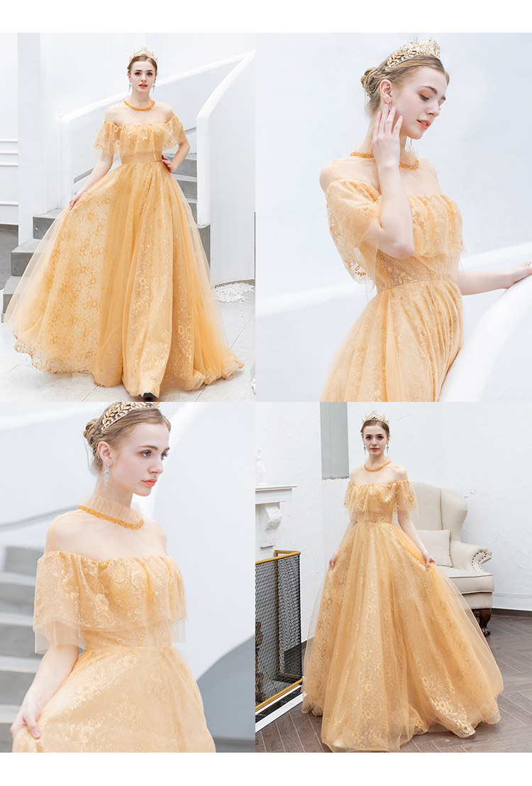 DL089 **พรีออเดอร์** ชุดออกงานสีทอง ชุดราตรี เดรสยาวออกงาน (Night party dresses) ชุดไปงานแต่งงานสวยๆ "ธีมสีทอง"