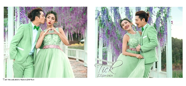 PW330 - **พรีออเดอร์ค่ะ** ชุดคู่ถ่ายพรีเวดดิ้ง (prewedding dress) & ชุดแต่งงานแฟนซี (Fancy wedding dress)ชายหญิง "ธีมสีเขียว"