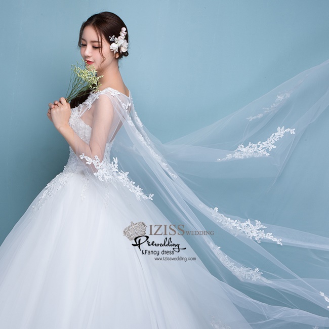 BR238 **พรีออเดอร์**ชุดแต่งงาน&ชุดเจ้าสาวแบบยาวสีขาวเกรดพรีเมี่ยม เปิดไหล่ มีแขน หรูหราน่ารัก สวยโดดเด่นไม่ซ้ำใคร