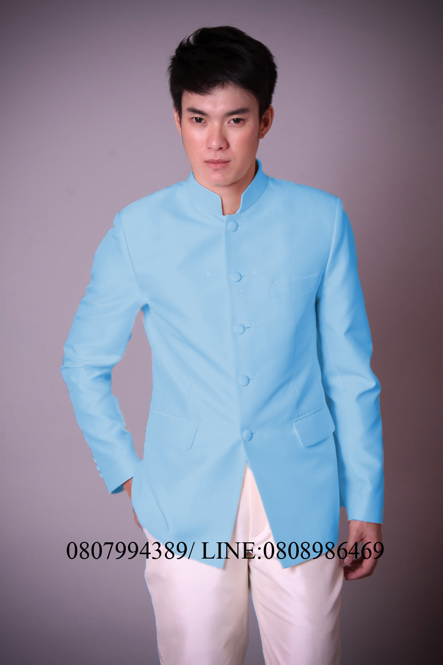 เสื้อสูทชายไหมแท้ เสื้อสูทชายคอพระราชทานไหมแท้ สูทผ้าไทยชาย สูทผ้าไหมชายสีฟ้า