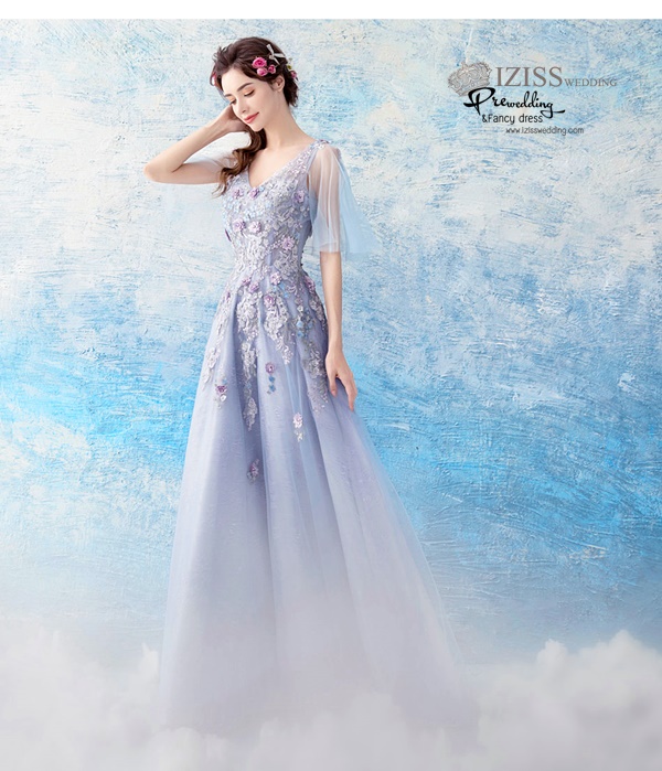 DL069 - **พรีออเดอร์** ชุดราตรี เดรสยาวออกงาน (Night party dresses) ชุดไปงานแต่งงานสวยๆ "ธีมสีฟ้าแต่งดอก 3D"