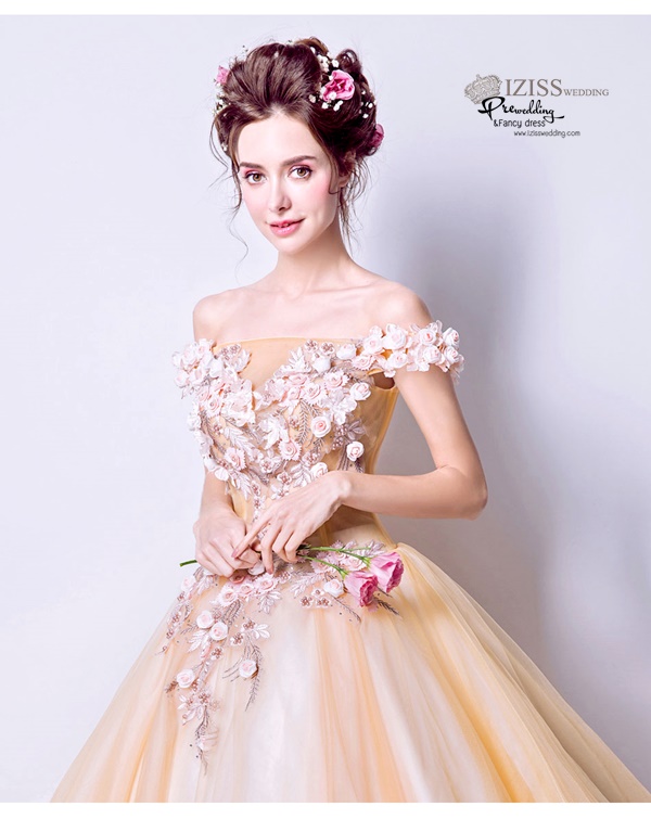 DL037 - **พรีออเดอร์** ชุดราตรี เดรสยาวออกงาน (Night party dresses) ชุดไปงานแต่งงานสวยๆ "ธีมสีส้มครีมแต่งดอก 3D"