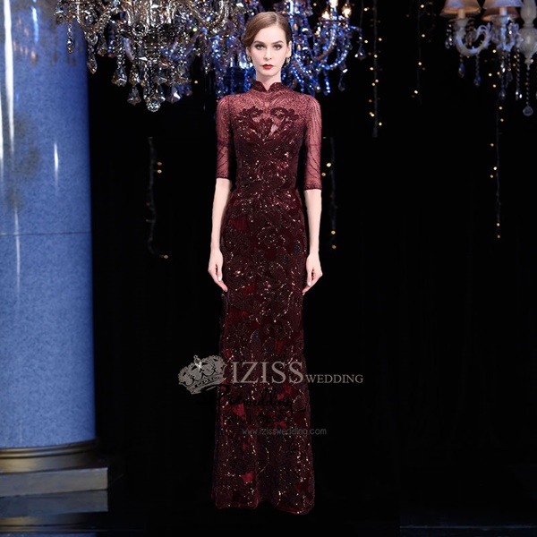 T025 **พรีออเดอร์เดรสชุดเลื่อมสีแดง สีน้ำเงิน สีดำ**ชุดราตรียาวเลื่อมทั้งชุด คอจีน แขนสั้น เล่นดีเทลซีทรูช่วงอกและแขน แต่งเลื่อมไม้ลายดอกไม้ เข้ารูปช่วงเอว กระโปรงทรงปล่อย สวยงามหรูหราไฮโซมากๆ ค่ะ