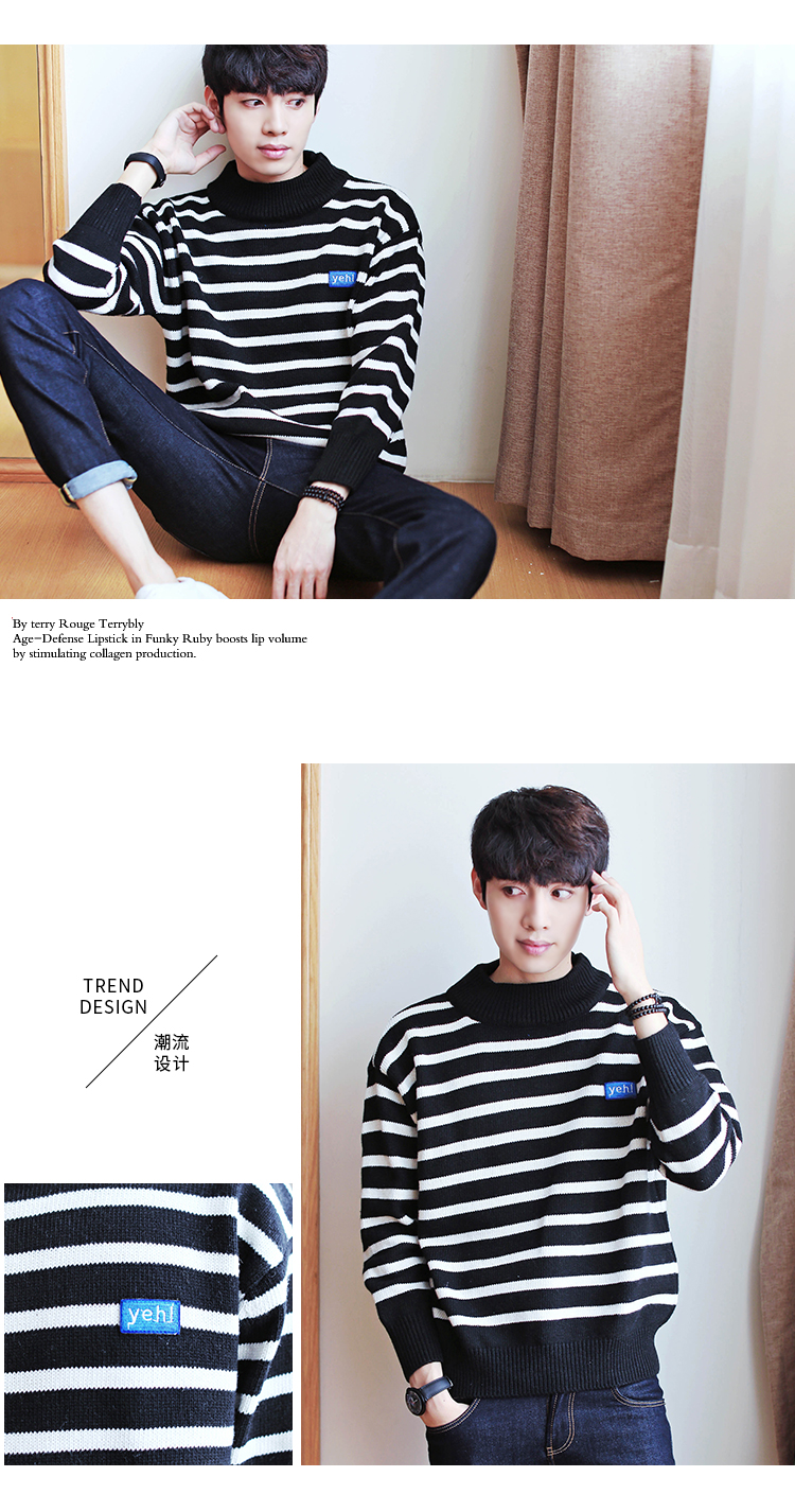 เสื้อไหมพรมผู้ชาย สีดำ คอกลม ลายริ้วดำขาว แขนยาว สเวตเตอร์ผู้ชาย ผ้าหนา ยืดหยุ่นได้ดี ใส่กันหนาว ใส่ไปเที่ยวต่างประเทศได้ ใส่เดี่ยวหรือทับด้วยโค้ท