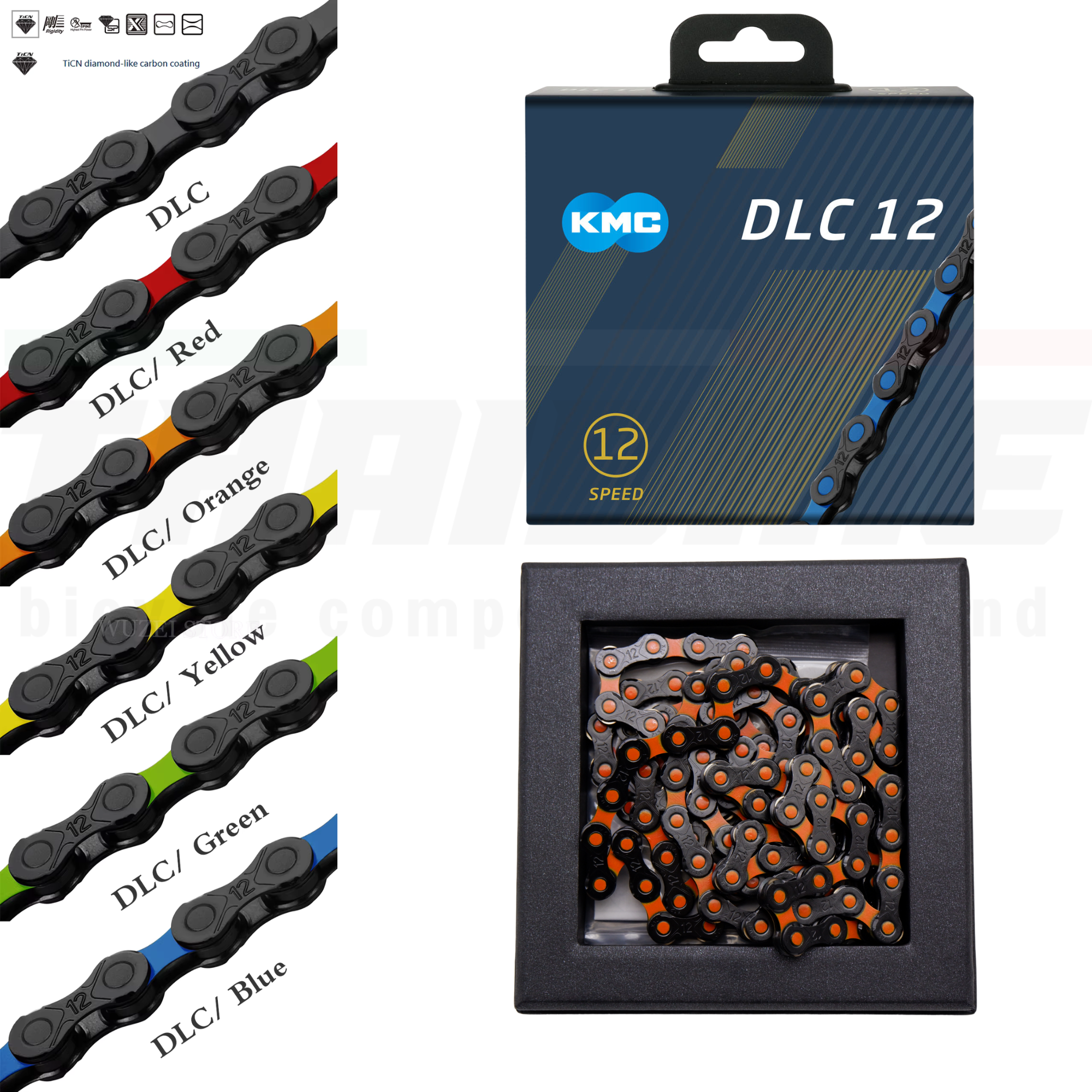 โซ่จักรยานเสือหมอบ เสือภูเขา KMC DLC 12 สปีด พื้นผิวเคลือบไทเทเนียม-คาร์บอน-ไนเตรต แข็งแรง ขึ้นเกียร์ได้รวดเร็วและแม่นยำ