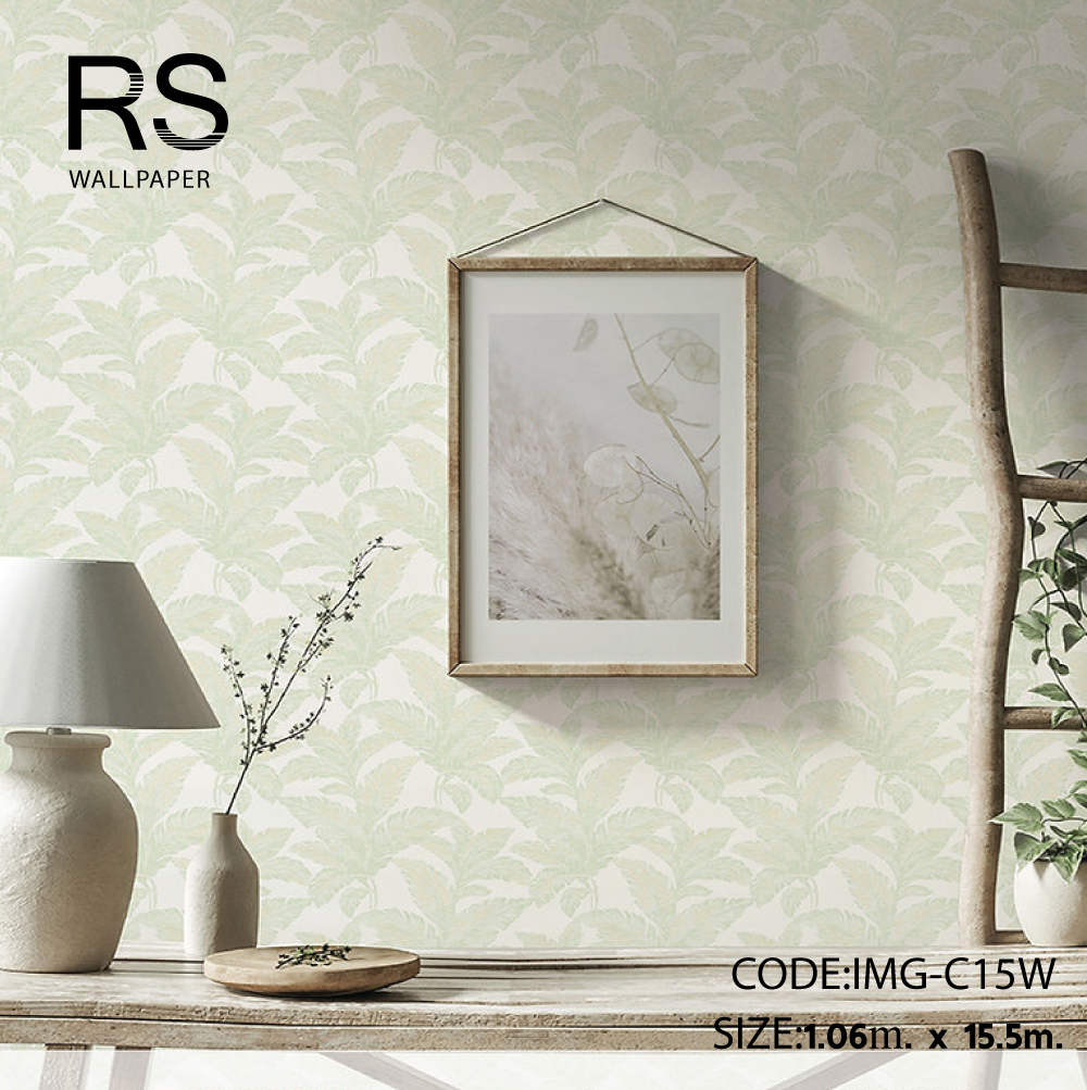 วอลเปเปอร์ลายใบไม้สีเขียว พื้นสีขาว IMG-C15W