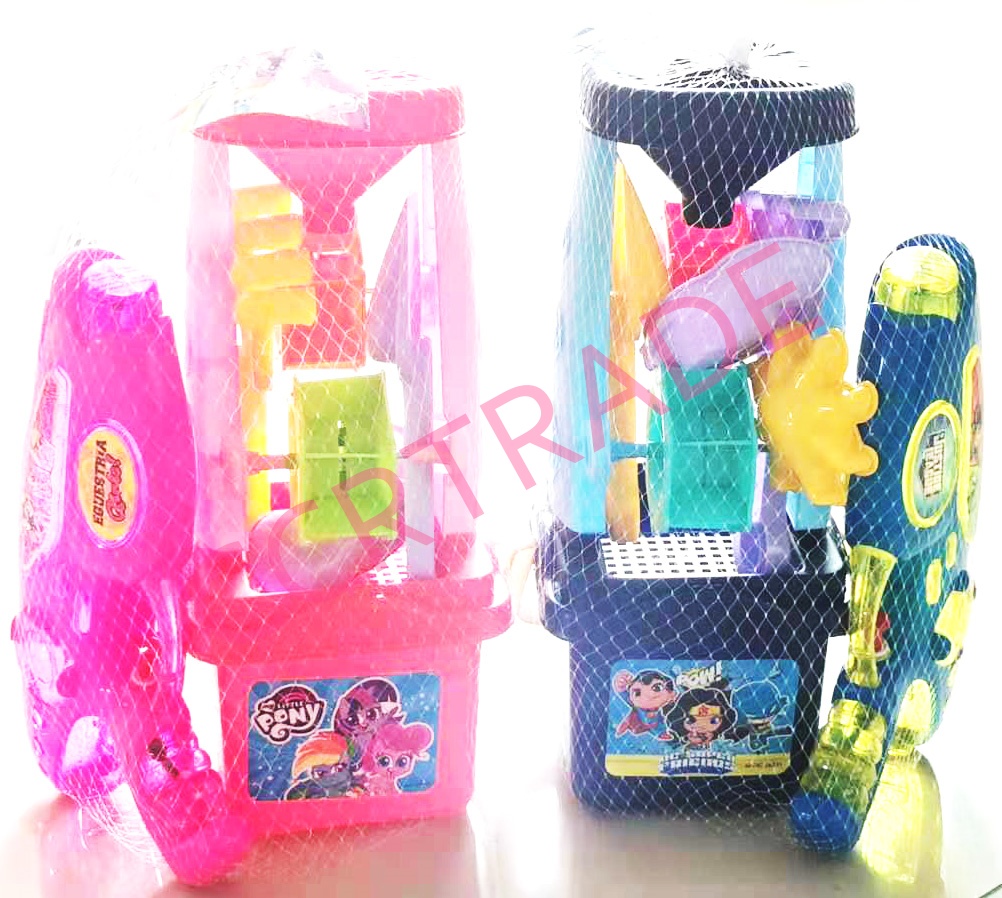 เซ็ทเล่นทราย+ปืนฉีดน้ำ 7 ชิ้นถุงตาข่าย 11x27.5 ซม.(ลิขสิทธิ์แท้)(1x3)