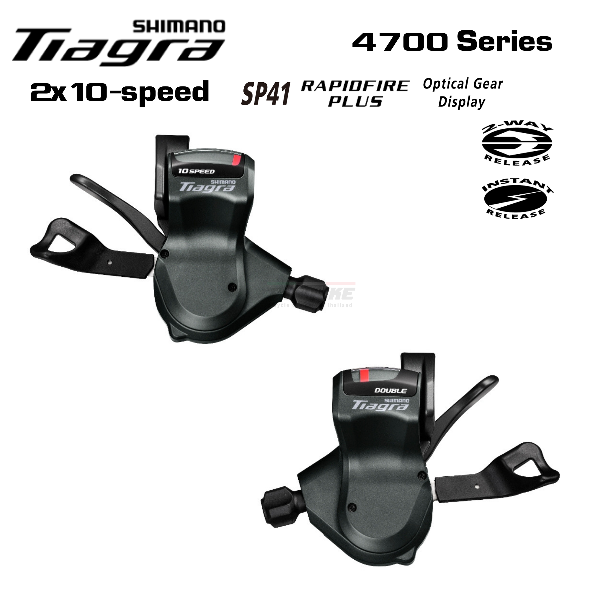 มือเกียร์จักรยานเสือหมอบแฮนด์ตรง SHIMANO TIAGRA, SL4700, รุ่นจาน 2 ชั้น, ใส่แฮนด์ตรง, 10-SPD, พร้อมสาย (มีกล่อง)