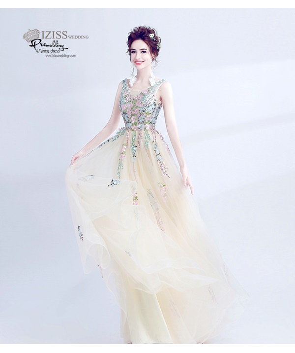 DL027 - **พรีออเดอร์** ชุดราตรี เดรสยาวออกงาน (Night party dresses) ชุดไปงานแต่งงานสวยๆ "ธีมสีครีมปักดอกชมพู "