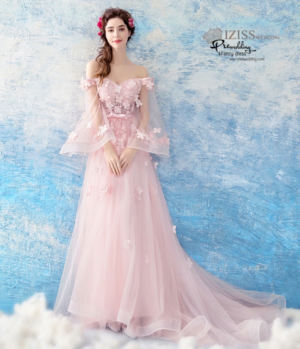 DL070 - **พรีออเดอร์** ชุดราตรี เดรสยาวออกงาน (Night party dresses) ชุดไปงานแต่งงานสวยๆ "ธีมสีชมพูแต่งดอก 3D"