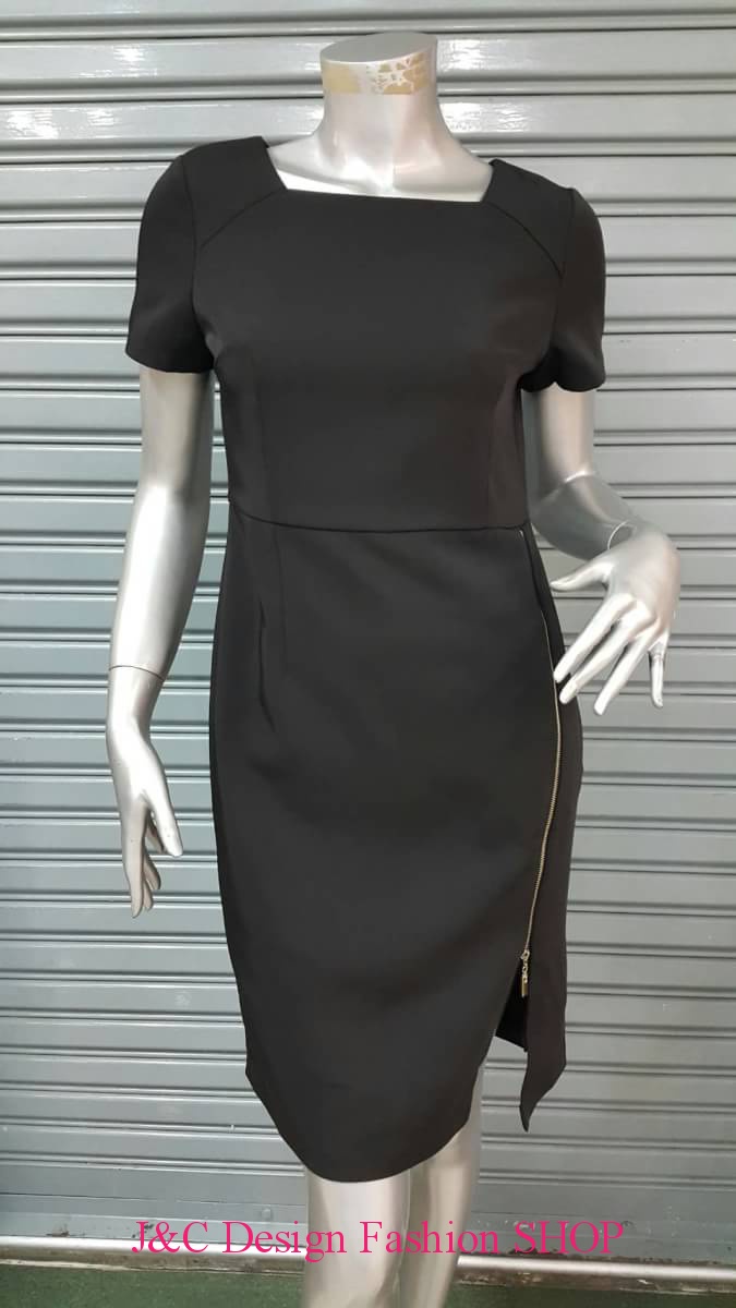 เดรสสีดำสไตน์เกาหลี ชุดแซกสีดำแต่งซีฟงานผ้านำเข้า ชุดผ้าไทยผ้าพื้นเมืองสีดำ