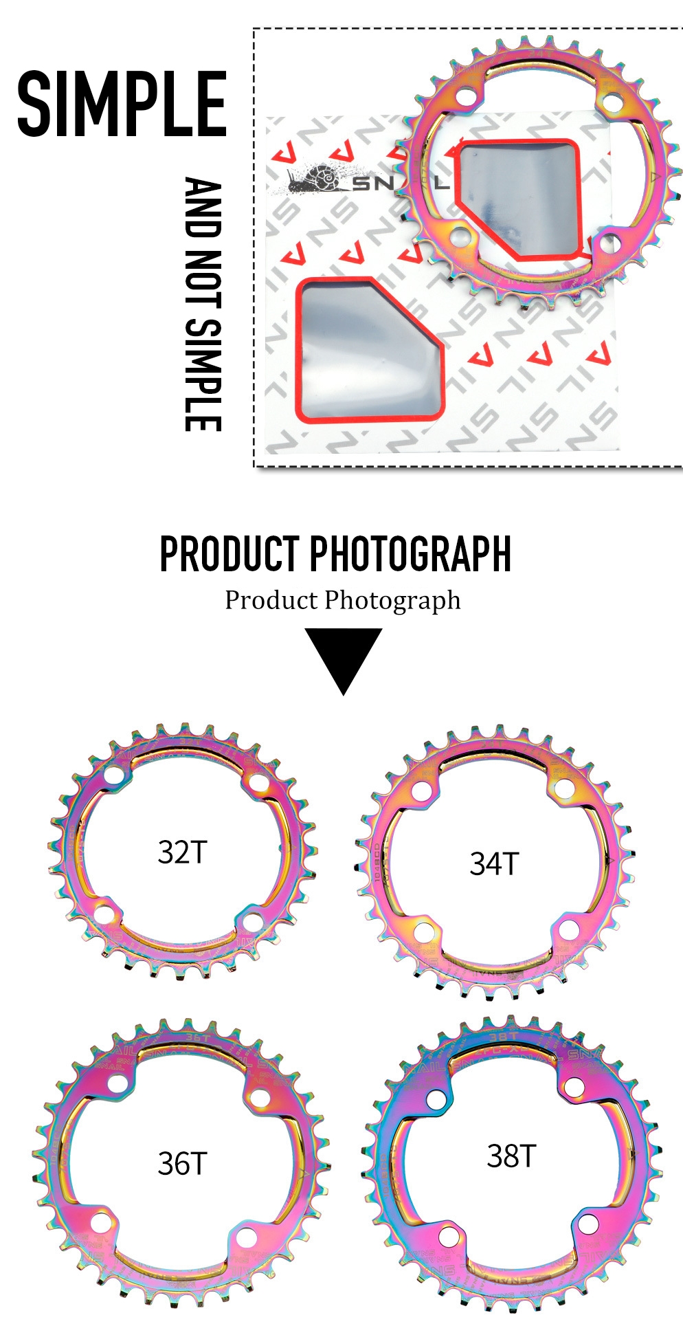ใบจานจักรยาน สำหรับจานชั้นเดียว SNAIL Chainring 104 BCD 32T 34T 36T 38T