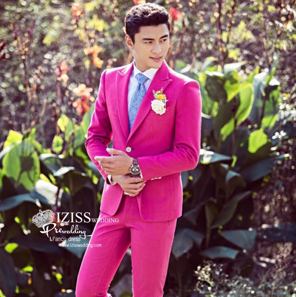 ST099 **พร้อมส่ง **สูทผู้ชายสีชมพูเข้มแขนยาว พร้อมกางเกง ชุดสูทเจ้าบ่าว สูทแฟนซี ถ่ายพรีเวดดิ้ง & ชุดแต่งงานแฟนซี (Fancy wedding dress) สูทผู้ชายสีชมพูเข้ม