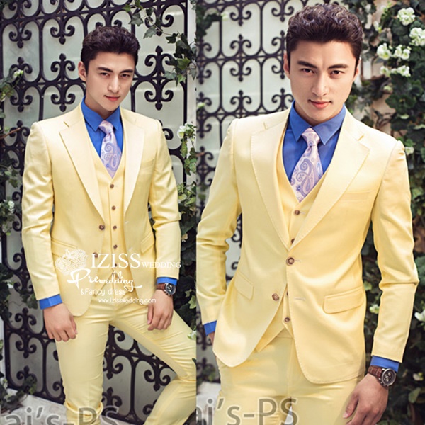 ST013- **พรีออเดอร์**สูทผู้ชายสีเหลืองแขนยาว พร้อมกางเกง ชุดสูทเจ้าบ่าว สูทแฟนซี ถ่ายพรีเวดดิ้ง & ชุดแต่งงานแฟนซี (Fancy wedding dress) สูทผู้ชายสีเหลือง