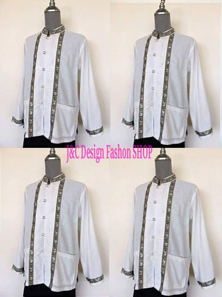 เสื้อผ้าไทยพื้นเมืองชาย #เสื้อชายสีขาวแต่งผ้าขลิบลายช้างสีเงิน #เสื้อผ้าไทยชาย #เสื้อผ้าพื้นเมืองผ้าไทยชาย