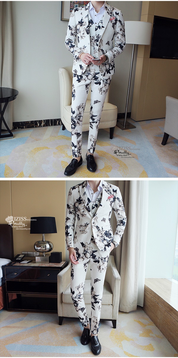 ST118- **พรีออเดอร์**สูทแฟนซีผู้ชายสีขาวลายดอกกุหลาบ แขนยาว พร้อมกางเกง ชุดสูทเจ้าบ่าว สูทแฟนซี ถ่ายพรีเวดดิ้ง & ชุดแต่งงานแฟนซี (Fancy wedding dress) สูทผู้ชายสีขาวลายกุหลาบ