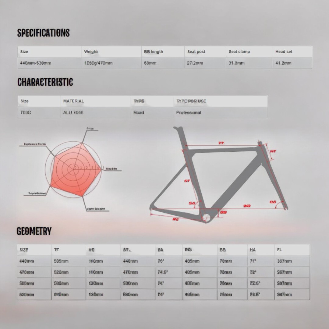 เฟรมจักรยานเสือหมอบ MOSSO 791TCA 700C อะลูมิเนียม Alu7046 พร้อมตะเกียบคาร์บอน น้ำหนักเบา (ขนาด 44/47/50/53ซม.)