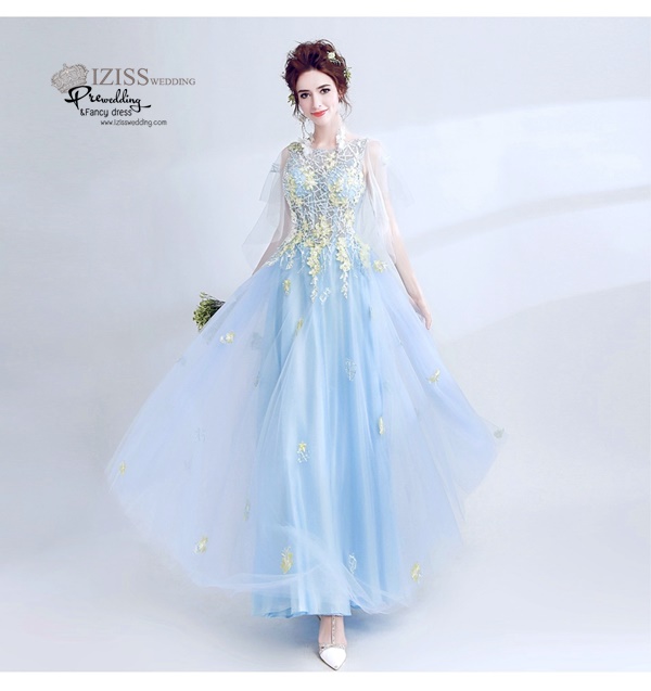 DL028 - **พรีออเดอร์** ชุดราตรี เดรสยาวออกงาน (Night party dresses) ชุดไปงานแต่งงานสวยๆ "ธีมสีฟ้าปักดอกสีเหลือง "