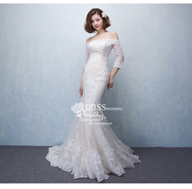 BR120 **พรีออเดอร์**ชุดแต่งงาน&ชุดเจ้าสาวแบบยาวสีขาวเบจเกรดพรีเมี่ยม เปิดไหล่ มีแขน หรูหราน่ารัก สวยโดดเด่นไม่ซ้ำใคร