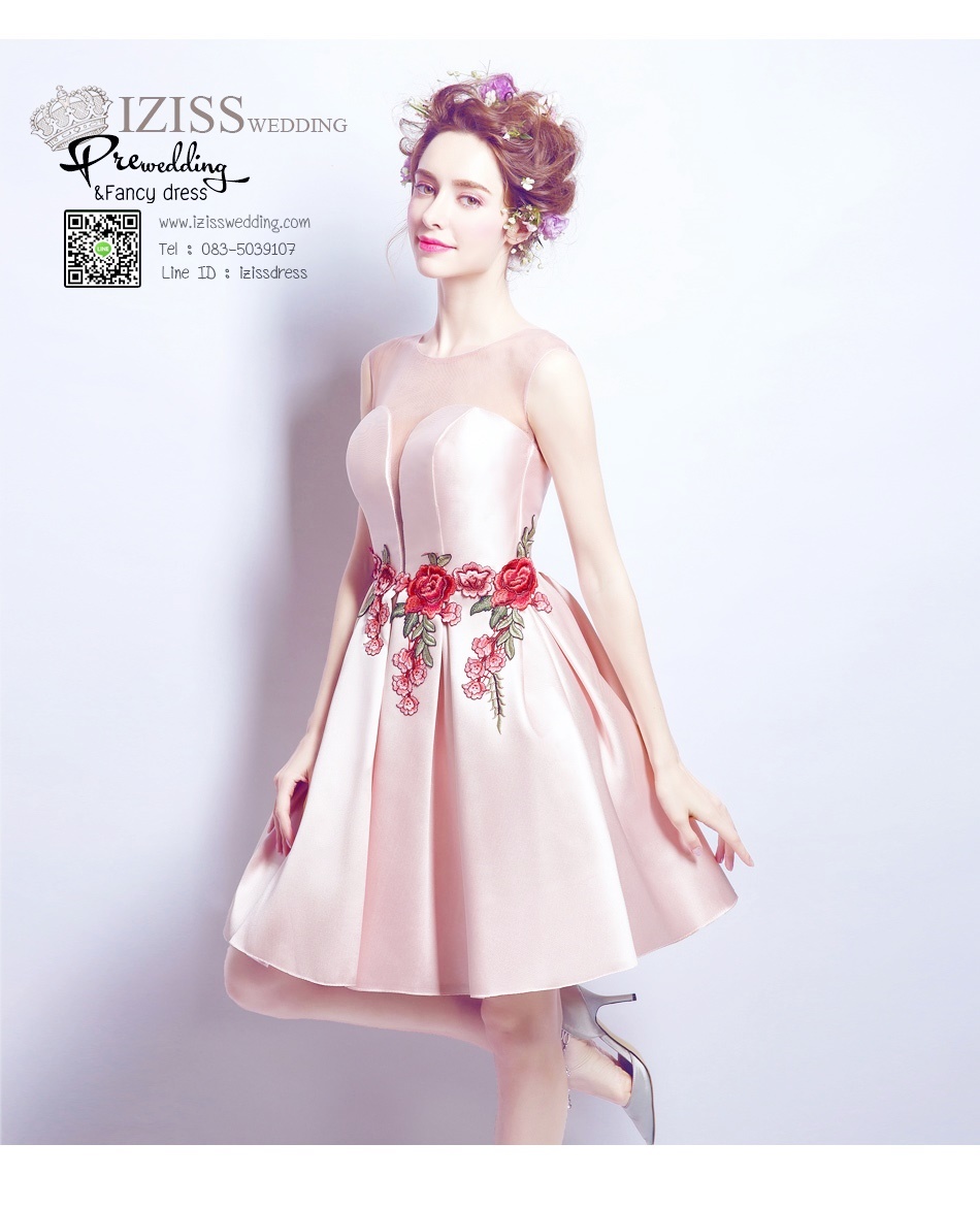 DS022 - **พรีออเดอร์** ชุดราตรี เดรสสั้นออกงานผ้าซาติน (short dresses) ชุดไปงานแต่งงานสวยๆ "ธีมครีมชมพู"