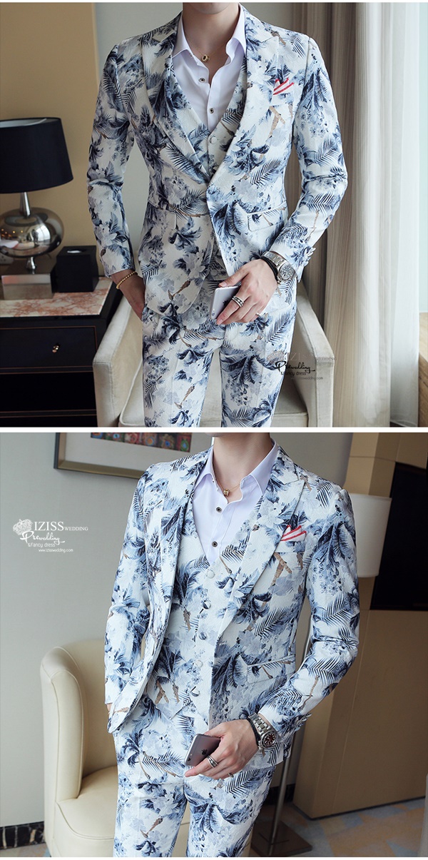 ST121- **พรีออเดอร์**สูทแฟนซีผู้ชายสีขาวลายใบไม้ แขนยาว พร้อมกางเกง ชุดสูทเจ้าบ่าว สูทแฟนซี ถ่ายพรีเวดดิ้ง & ชุดแต่งงานแฟนซี (Fancy wedding dress) สูทผู้ชายสีขาวลายใบไม้