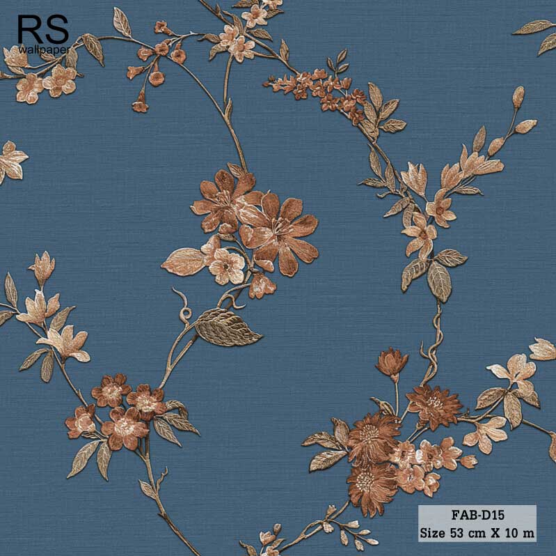 วอลเปเปอร์เทกเจอร์ผ้า ลายดอกไม้สีส้มทอง พื้นสีน้ำเงิน FAB-D15