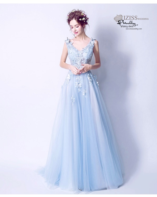 DL044 - **พรีออเดอร์** ชุดราตรี เดรสยาวออกงาน (Night party dresses) ชุดไปงานแต่งงานสวยๆ "ธีมสีฟ้าแต่งผีเสื้อ 3D"