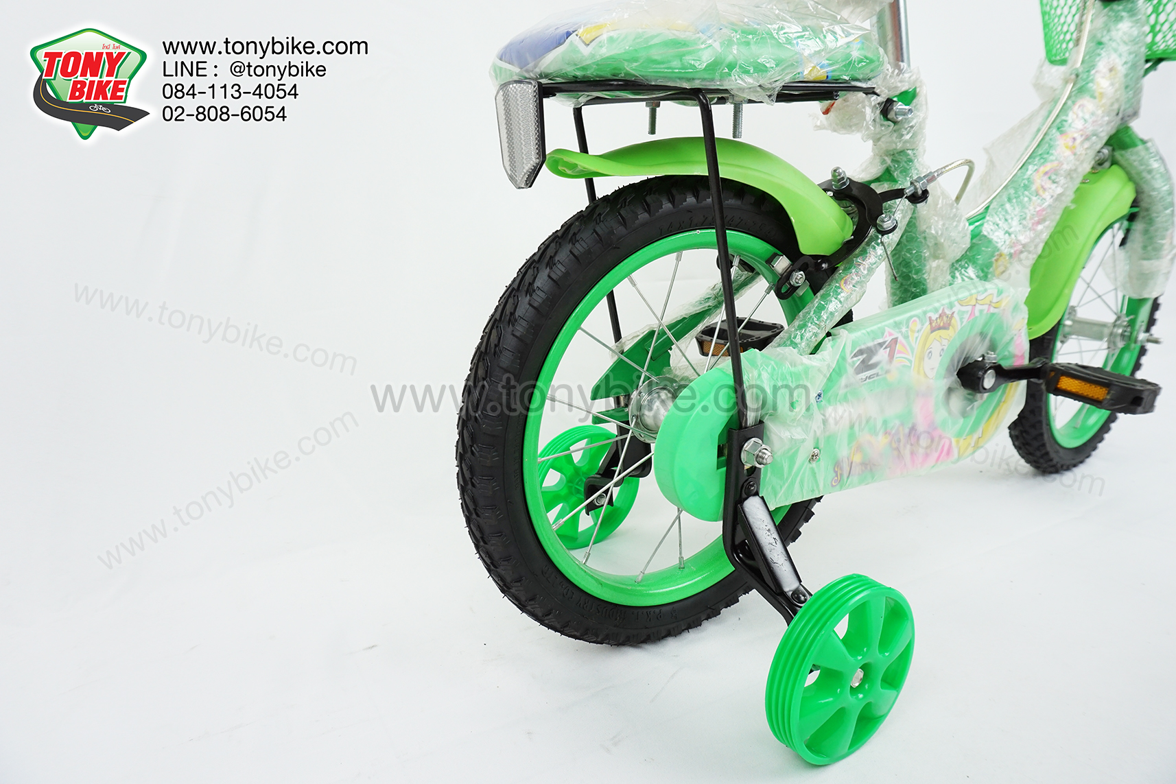 จักรยานเด็ก ล้อ 14 นิ้ว แฮนด์สูง เบาะหลัง มีล้อพ่วงข้าง สีเขียว