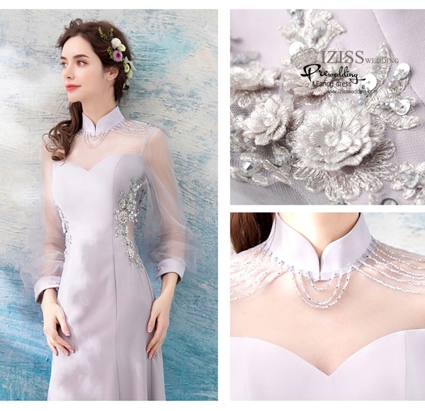 DL059 - **พรีออเดอร์** ชุดราตรี เดรสยาวออกงาน (Night party dresses) ชุดไปงานแต่งงานสวยๆ "ธีมสีเทาแต่งเพชร"