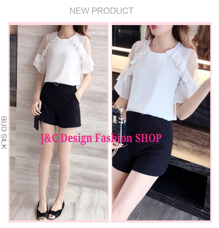 เสื้อทำงานชีฟองสีขาวแต่งป้าอัดพรีทแขนเว้าผ้ามุ้ง เสื้อชีฟองแต่งพรีทสีขาว เสื้อทำงานเกาหลีคอแต่งโบว์ เสื้อสมัครงาน ชุดสมัครงาน เสื้อใส่กับผ้าถุง เสื้อใส่กับผ้าซิ่น