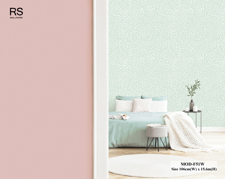 วอลเปเปอร์ ลายใบไม้เล็กๆ สีเขียว สีพื้นขาว MOD-F51W