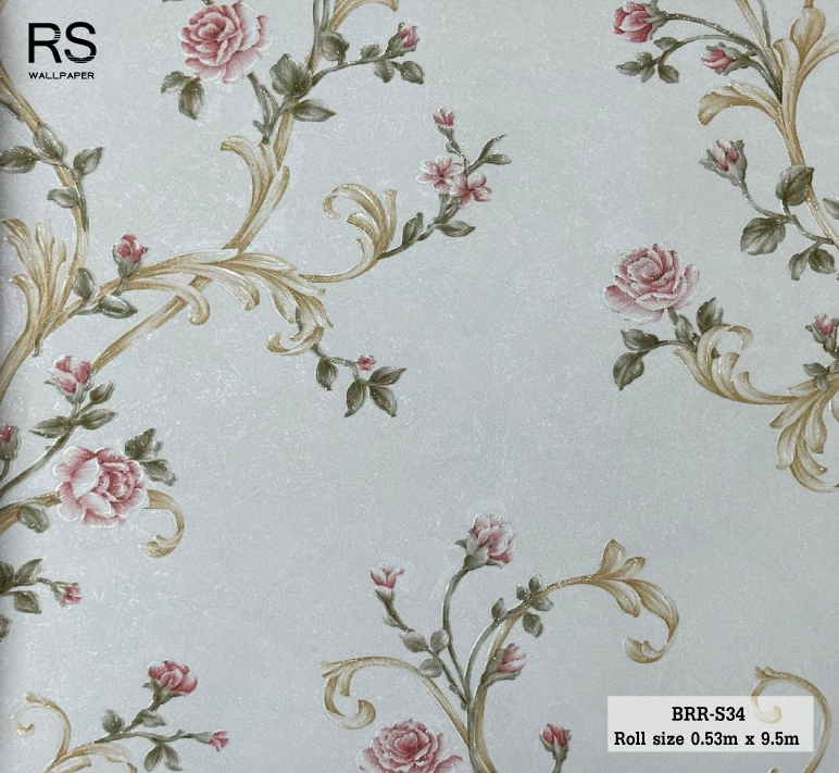 วอลเปเปอร์ ลายดอกไม้วินเทจสีแดงโอรส พื้นสีขาว BRR-S34