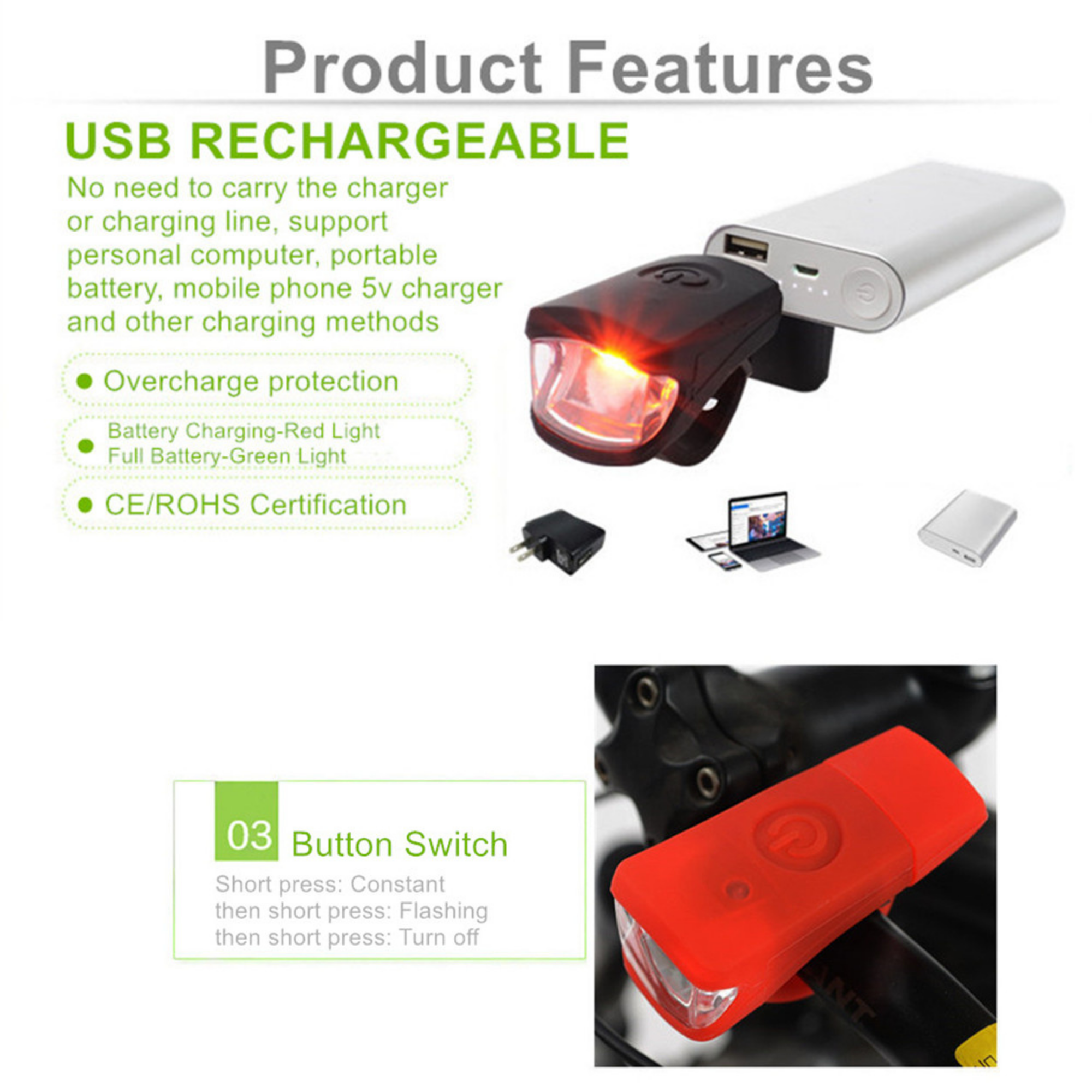 ไฟหน้าจักรยานเสือหมอบ เสือภูเขาแบบชาร์จ USB LEADBIKE