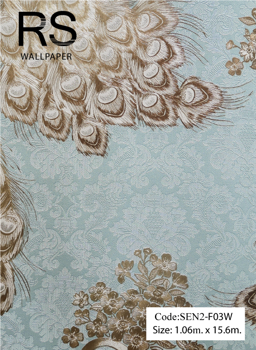 วอลเปเปอร์ลายนกยูงสีทองอมทองแดงพื้นลายหลุยส์สีฟ้า SEN2-F03W