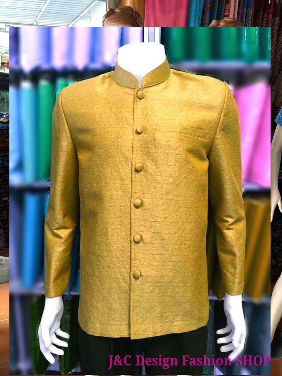 เสื้อสูทชายคอพระราชทานผ้าไหมอิตาลีสีเหลืองทอง สูทผ้าไทยชายสีเหลืองทอง สูทผ้าไหมชายสีเหลือง