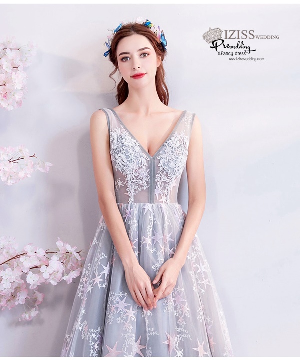 DL074 - **พรีออเดอร์** ชุดราตรี เดรสยาวออกงาน (Night party dresses) ชุดไปงานแต่งงานสวยๆ "ธีมสีฟ้าแต่งดอก 3D"