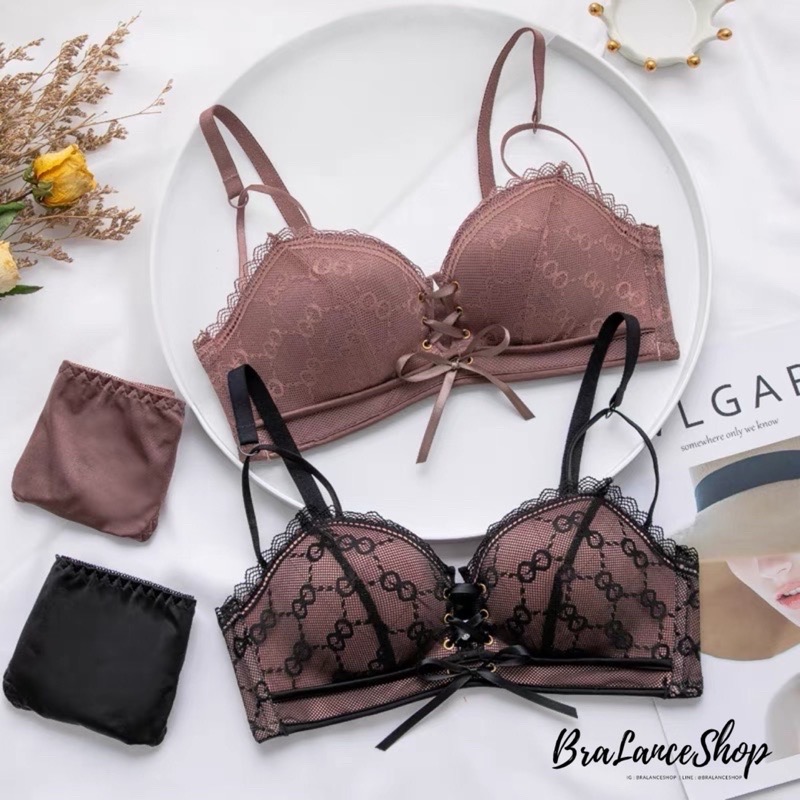 BLS✿222 Setบรา+กกน. ชุดชั้นในลูกไม้ผูกหน้า ปักGG