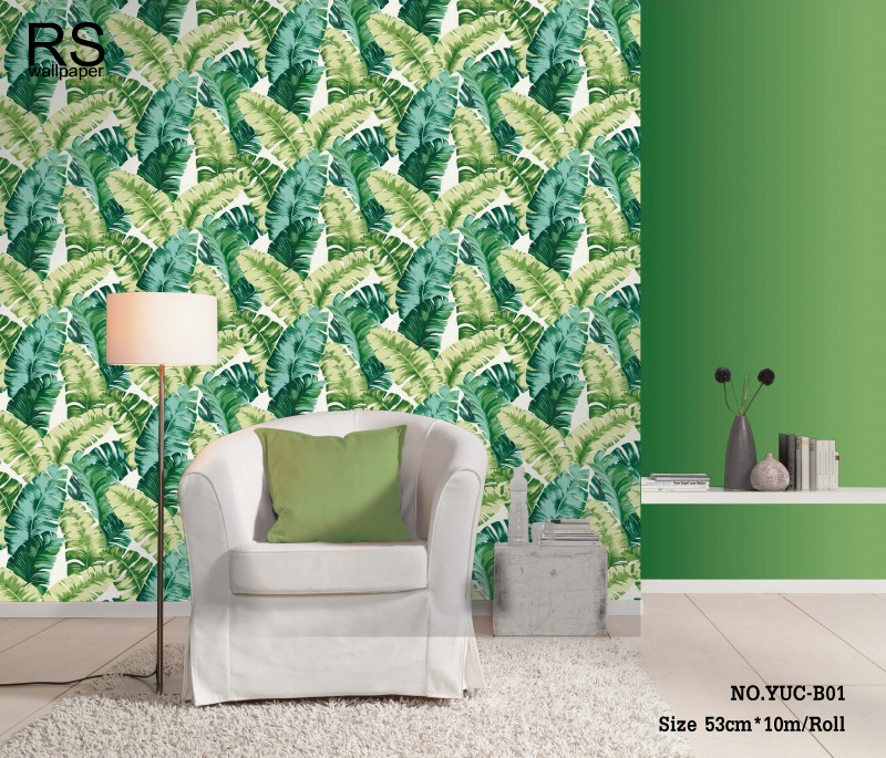 วอลเปเปอร์ลายใบตองเขียวพื้นสีขาว (Tropical style) YUC-B01