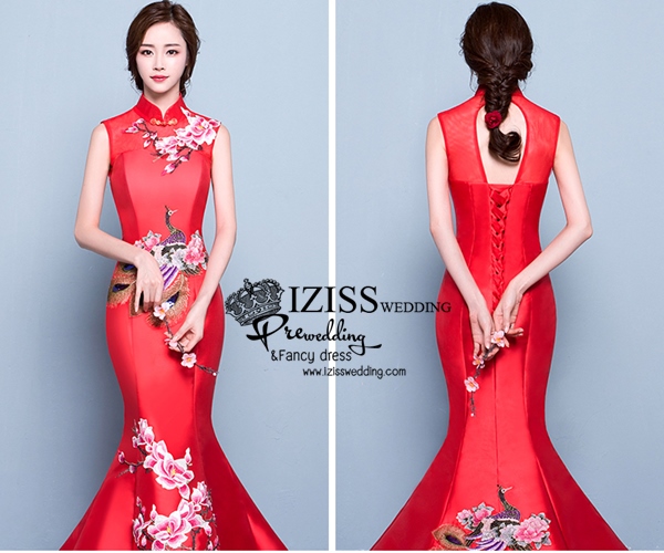 PW448- **พรีออเดอร์สีแดงหางยาว**ชุดกี่เพ้ายาว ชุดยกน้ำชา ชุดถ่ายพรีเวดดิ้ง (prewedding dress) & ชุดแต่งงานแฟนซี (Fancy wedding dress) "ธีมสีแดง"