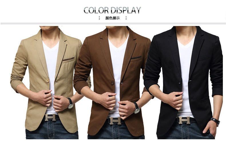 เสื้อสูทผู้ชาย สูทลำลอง สีกากี คอปก แต่งกระเป๋าหน้าสีน้ำตาลเข้ากับสีเสื้อ มีซับใน ใส่ทำงาน สูทออกงาน หรือใส่เป็นสูทลำลองได้