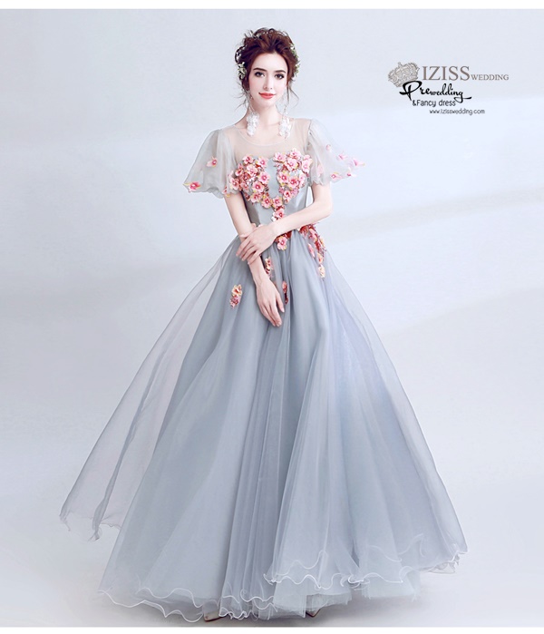 DL039 - **พรีออเดอร์** ชุดราตรี เดรสยาวออกงาน (Night party dresses) ชุดไปงานแต่งงานสวยๆ "ธีมสีเทาแต่งดอก 3D"