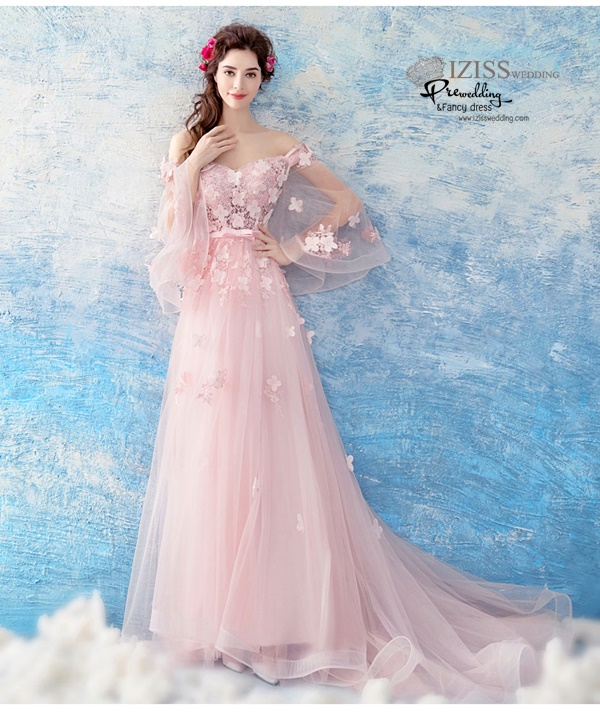 DL070 - **พรีออเดอร์** ชุดราตรี เดรสยาวออกงาน (Night party dresses) ชุดไปงานแต่งงานสวยๆ "ธีมสีชมพูแต่งดอก 3D"