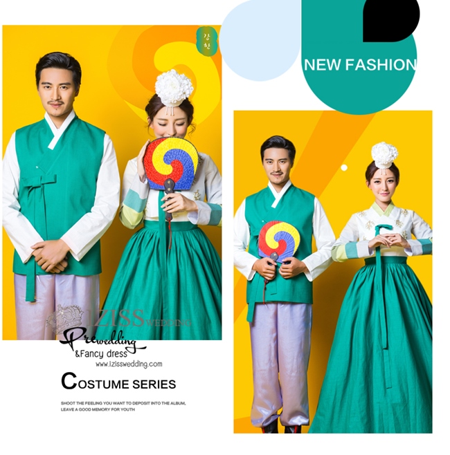 PW379 - **พร้อมเช่ามือ 1 ราคา 3,800 ชุดฮันบกเกาหลีทั้งเซ็ทค่ะ** ชุดคู่ถ่ายพรีเวดดิ้ง (prewedding dress) & ชุดแต่งงานแฟนซี (Fancy wedding dress)ชายหญิง "ธีมสีครีมเขียวเข้มสลับขาว"