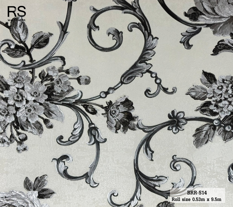 วอลเปเปอร์ ลายดอกไม้วินเทจสีดำ พื้นสีขาว BRR-S14