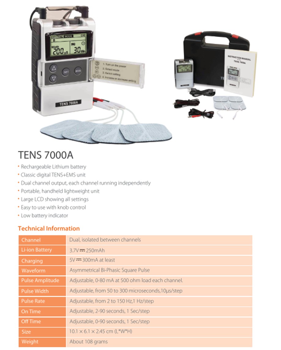 เครื่องกระตุ้นกล้ามเนื้อและเส้นประสาทด้วยไฟฟ้าผ่านทางผิวหนัง Transcutaneous electrical neuromuscular stimulationหรือ TENS/ เครื่องลดปวด TENS พกพา รุ่น OT065Aมี อย.