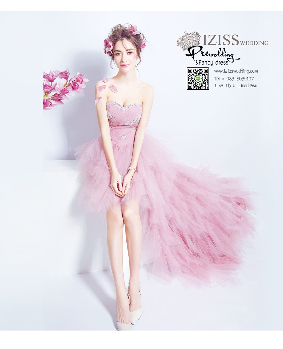 DL005 - **Pre order**ชุดราตรี เดรสหน้าสั้นหลังยาวออกงาน (Evening dresses) ชุดไปงานแต่งงานสวยๆ "ธีมสีชมพูกะปิ"