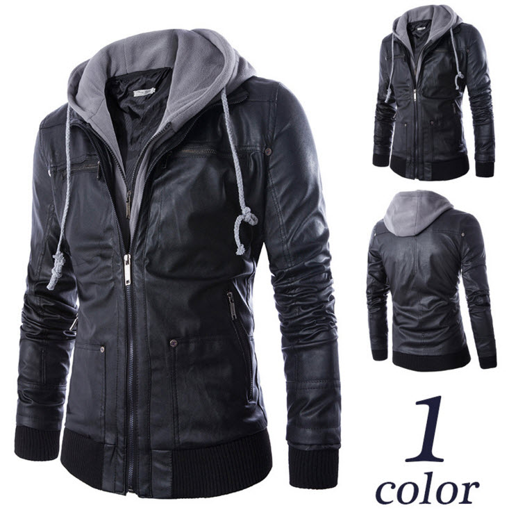 พร้อมส่ง แจ็คเก็ตหนังผู้ชาย สีดำ เสื้อหนังมีฮูท เท่ห์มากๆ เสื้อหนังPU